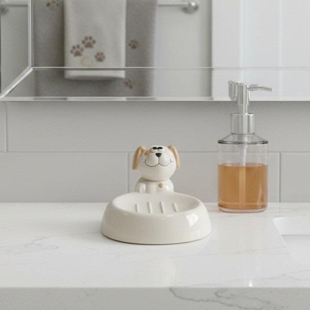 Puppy Dog Ceramic Soap Dish, Vintage Art Deco-Style Bathroom Decor Vanity Accent